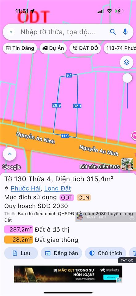 Mặt tiền nguyễn an ninh  cách biển phước hải 800m  dt 316m2  ngang 9x28m sẵn 100m2 thổ cư