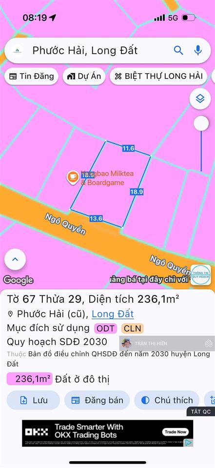 Mặt tiền đường ngô quyền  thị trấn phước hải  brvt
dt 236m2 ngang 11.6x19m sẵn 100m2 thổ cư