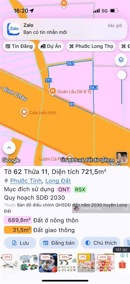 Mặt tiền đường ven biển 42m (vũng tàu bình châu)  phước tỉnh  giáp ranh tp vũng tàu  dt 721m2