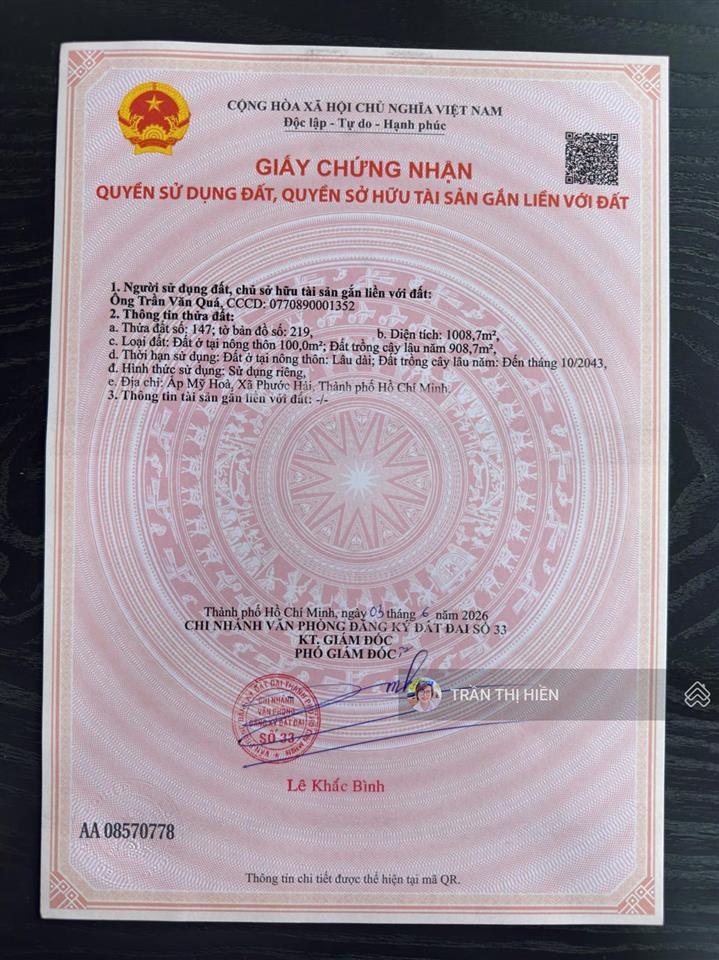 Phước hải view núi gần hồ gần biển  1008m2  100m2 thổ cư