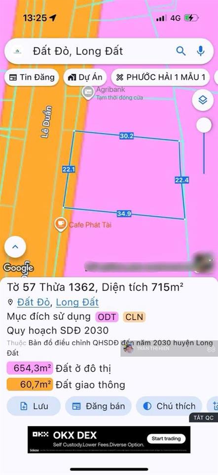 22x34m  715m2 mặt tiền đường lê duẩn  trung tâm đất đỏ  cạnh bên đang xây khách sạn
