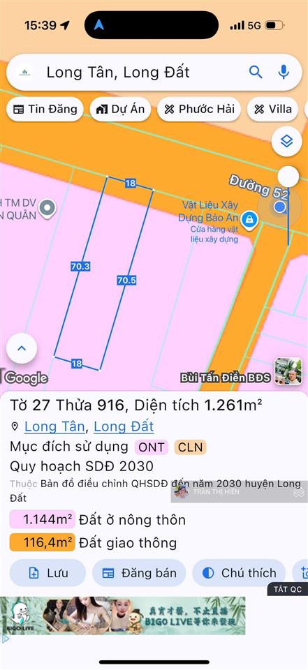 Mặt tiền tỉnh lộ 52  xã đất đỏ  tp hcm  dt 1260,8m2  18m x 70m