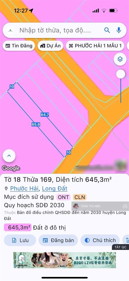 Biển phước hải  10x65m  ngay tỉnh lộ 44b  cách biển 5km
