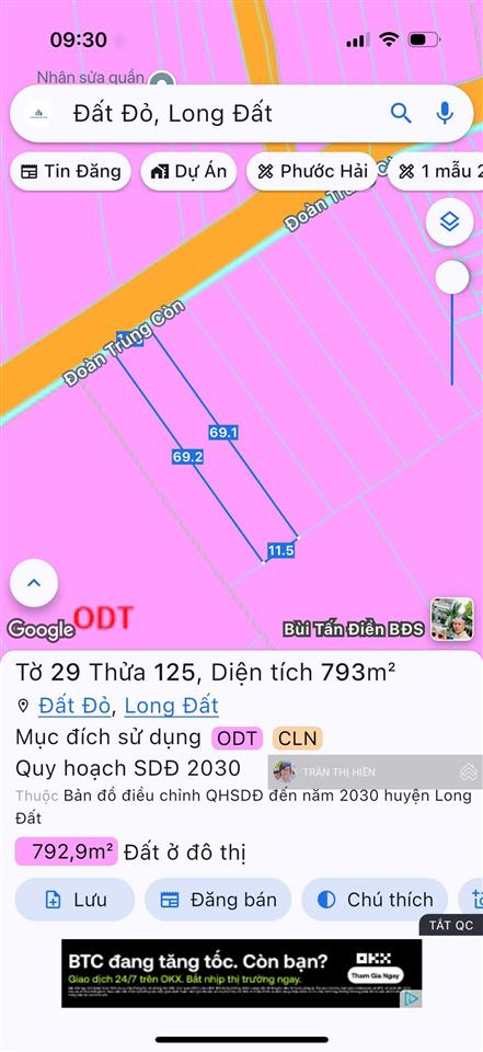 Chủ kẹt bán gấp  mặt tiền đoàn trung còn  793m2  sẵn 120m² thổ cư  11.5x70m