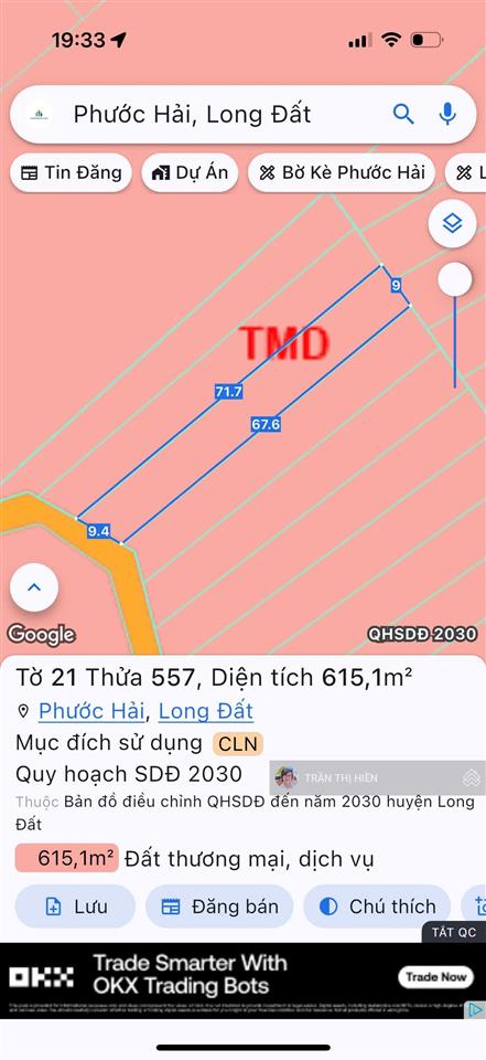 Xã phước hải  tp hcm ven núi minh đạm ngay khu the oasis glamping  615m2  ngang 9m x 74m