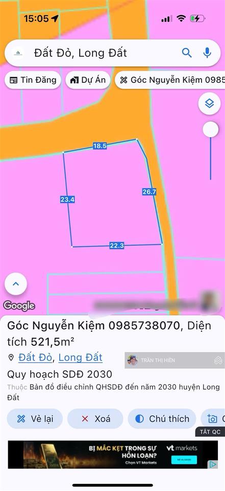 Lô góc mặt tiền đường nguyễn kiệm  trung tâm thị trấn đất đỏ  ngay chợ đất đỏ  dt góc 25x22m