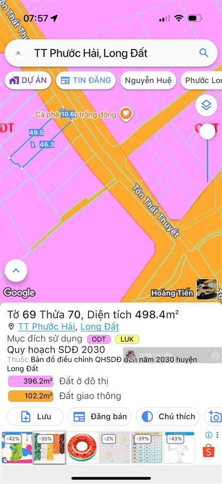 Mặt tiền tôn thất thuyết cách biển phước hải 1,5km  498m2  10,6m x 49,5m  100m2 tc