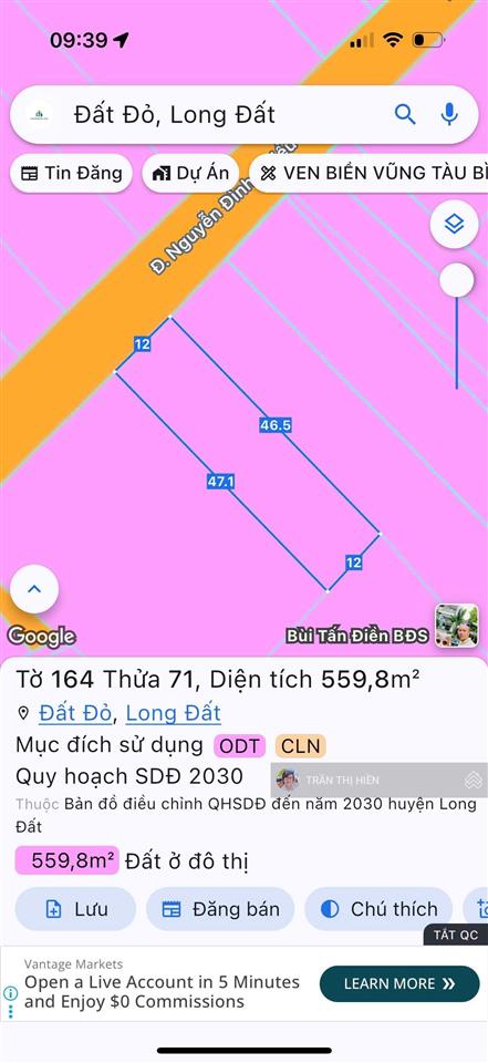 Mặt tiền nguyễn đình chiểu  tt đất đỏ  dt 559m2  ngang 12m x 47m sẵn 120m2 thổ cư