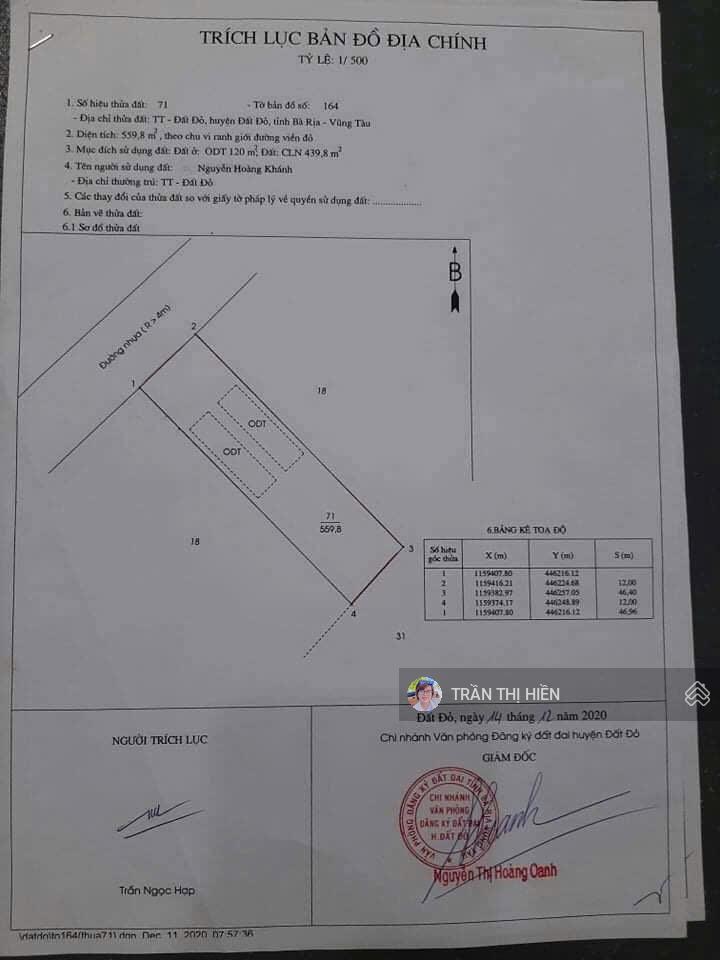 Mặt tiền nguyễn đình chiểu  tt đất đỏ  dt 559m2  ngang 12m x 47m sẵn 120m2 thổ cư