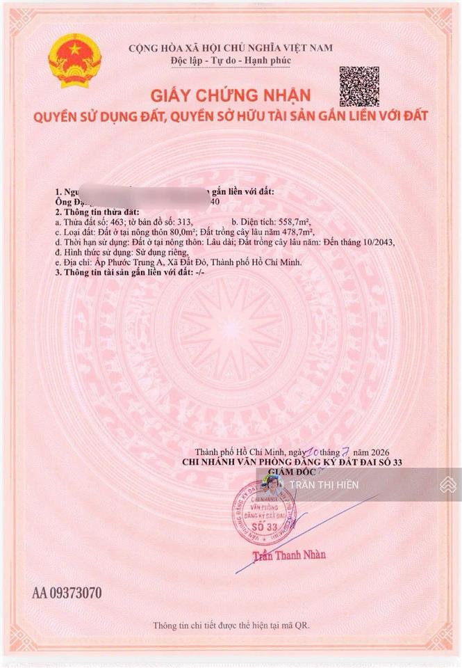 Lô góc 2 mặt tiền nguyễn huệ  xã đất đỏ  558,7m2  ngang 17x36m