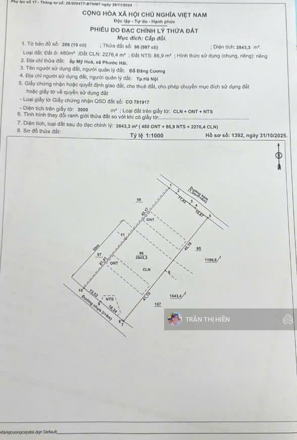 Vườn trái cây 2 mặt tiền phước hải 2843m2  có 480m2 thổ cư  ngang 33,5x90m