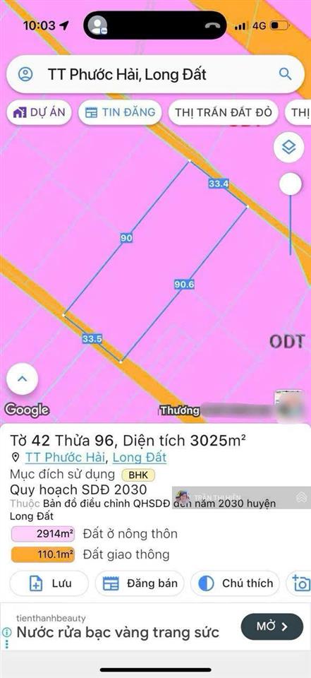 Vườn trái cây 2 mặt tiền phước hải 2843m2  có 480m2 thổ cư  ngang 33,5x90m