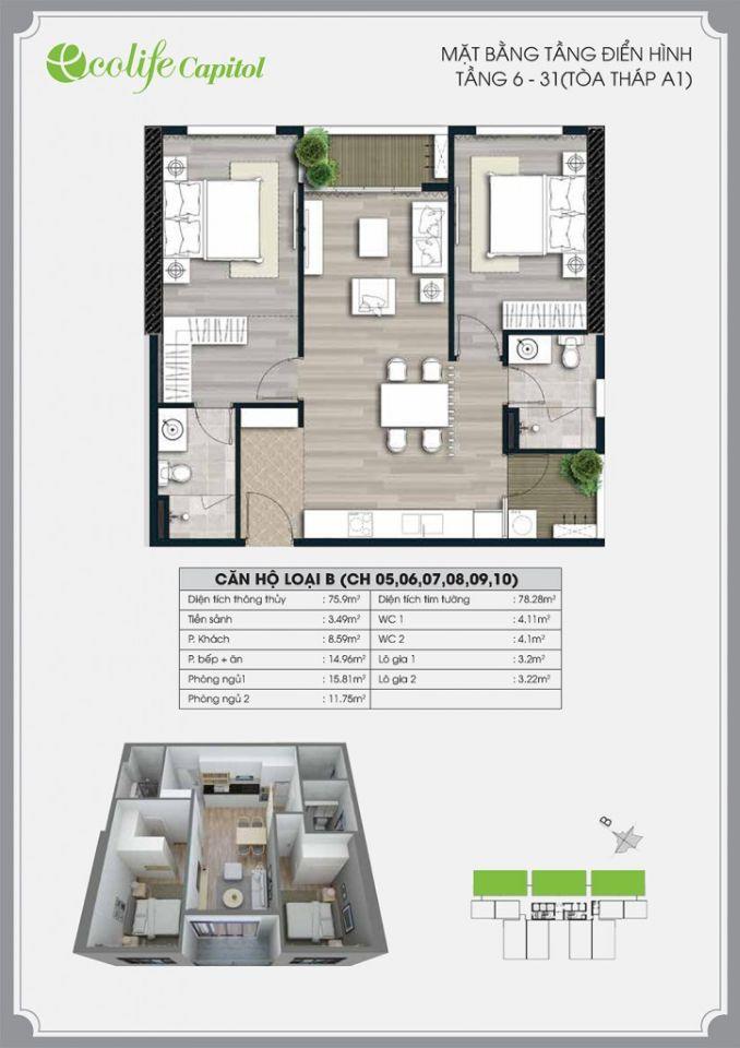 Chỉ 6.9 tỷ mà tìm căn 2PN 74m2 đẹp như này chỉ có tại Ecolife Capitol