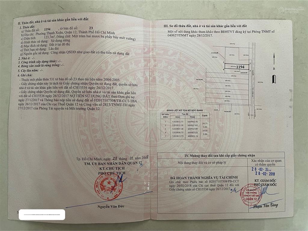 Bán đất tx33 5*25, dt 123,7m2 full thổ cư, shcc đường 10m giá 4tỷ850 tl