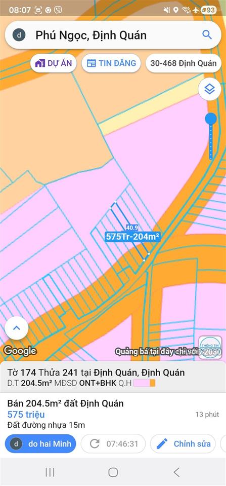 Bán đất nền hiếm tại xã phú ngọc, định quán, đồng nai, 575 triệu, 204.5 m2