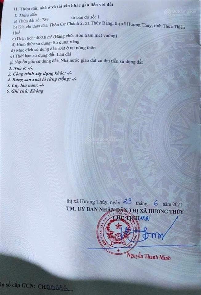 Đất đẹp kqh cư chánh  thuỷ bằng, tp huế. 400m2 ngang 16m view thoáng mát