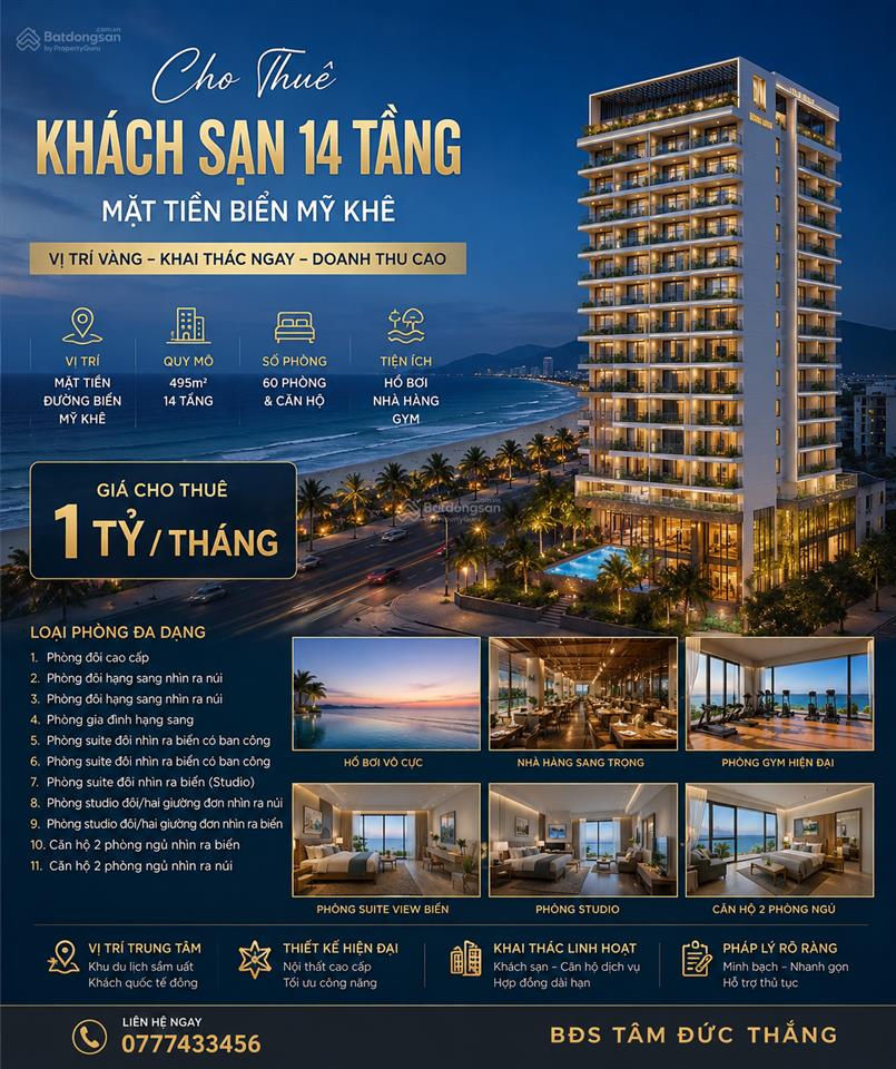Cho thuê khách sạn 14 tầng mặt tiền biển mỹ khê siêu phẩm vận hành du lịch đẳng, 61phòng