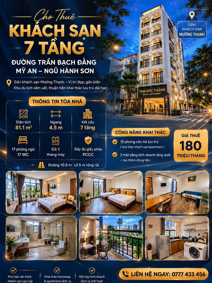 Cho thuê khách sạn 7 tầng đường trần bạch đằng mỹ an, 17 phòng