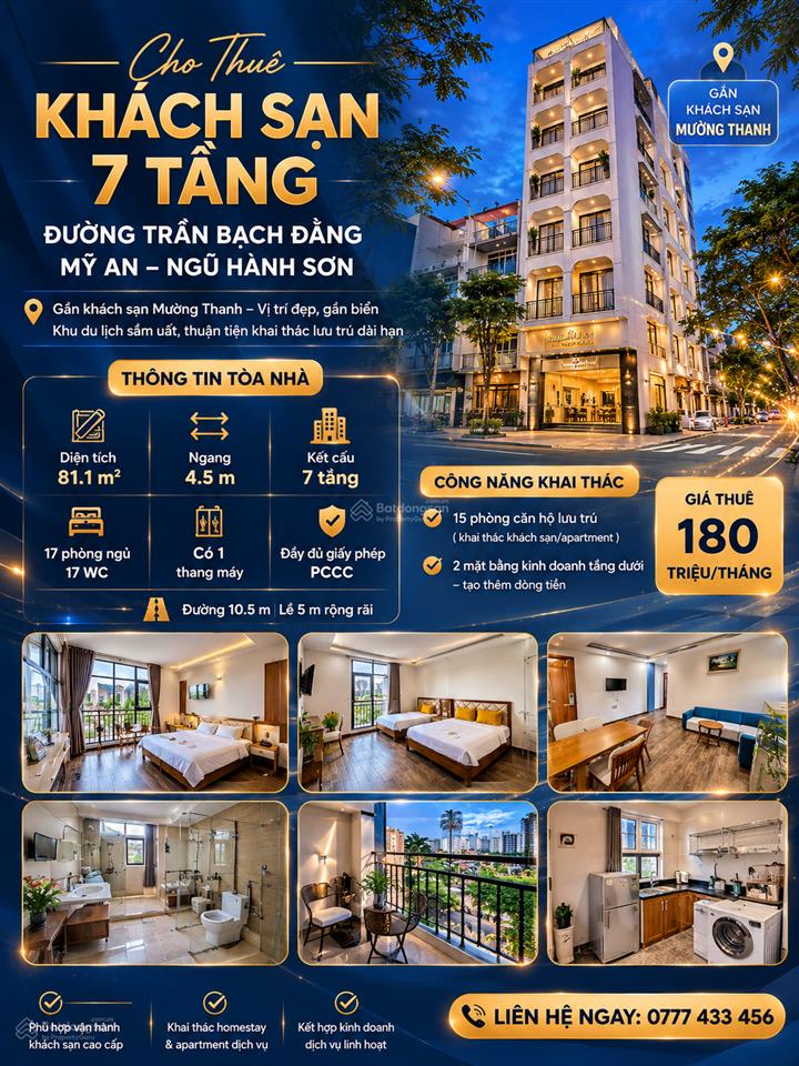 Cho thuê khách sạn 7 tầng đường trần bạch đằng mỹ an, 17 phòng