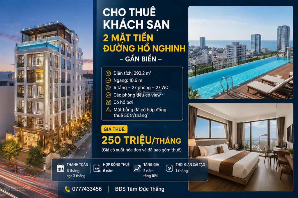 Cho thuê khách sạn 2 mặt tiền đường hồ nghinh  gần biển mỹ khê, 27 phòng