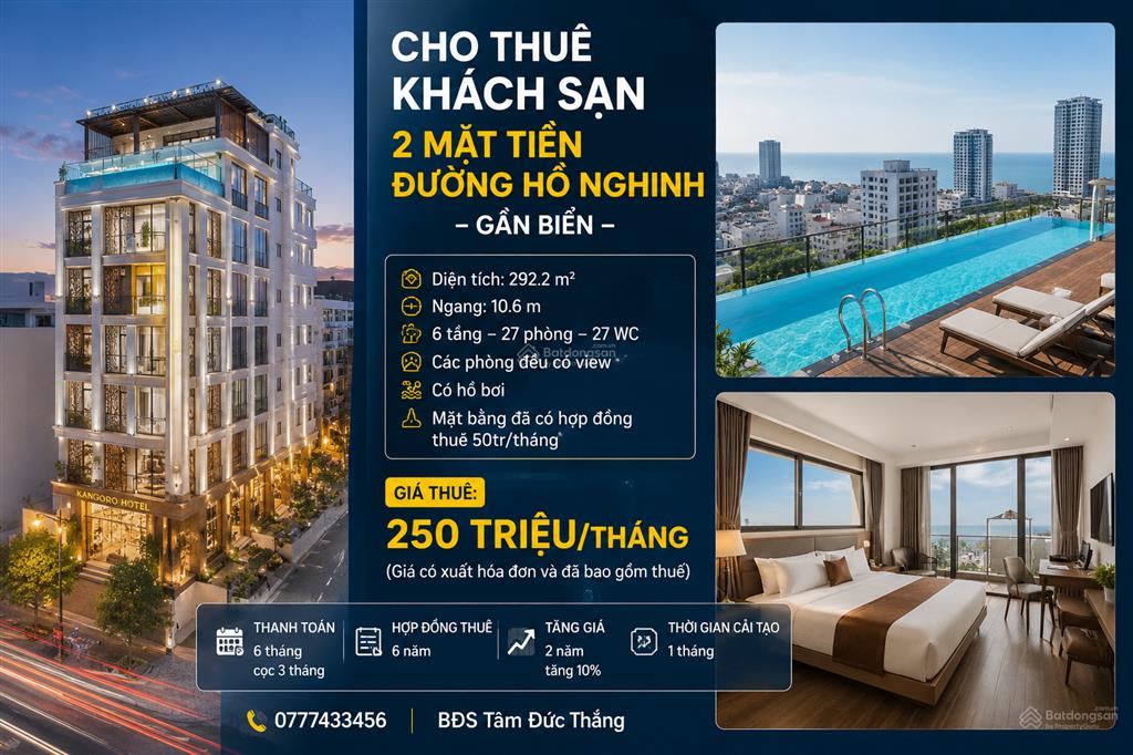 Cho thuê khách sạn 2 mặt tiền đường hồ nghinh  gần biển mỹ khê, 27 phòng