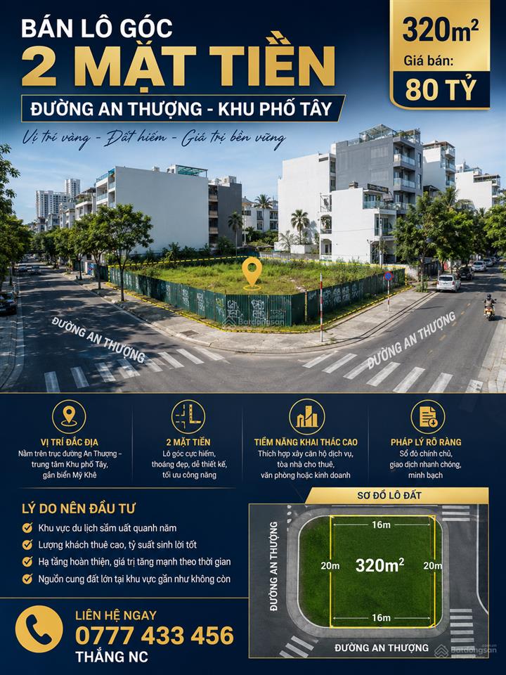 Bán lô góc 2 mặt tiền đường an thượng. khu phố tây. 320m.