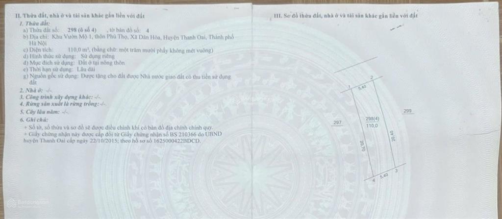 Chính chủ bán lô đất giãn dân thôn phú thọ dân hoà dt 110m