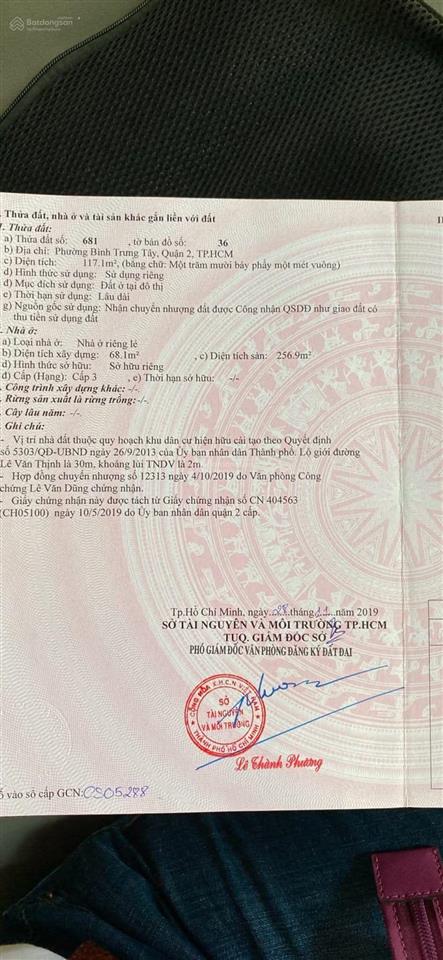 Bán nhà mặt tiền 92 lê văn thịnh quận 2, dt đất 117m2 ngang 5.5m nhà 3.5 lầu + hđ thuê giá tlcc