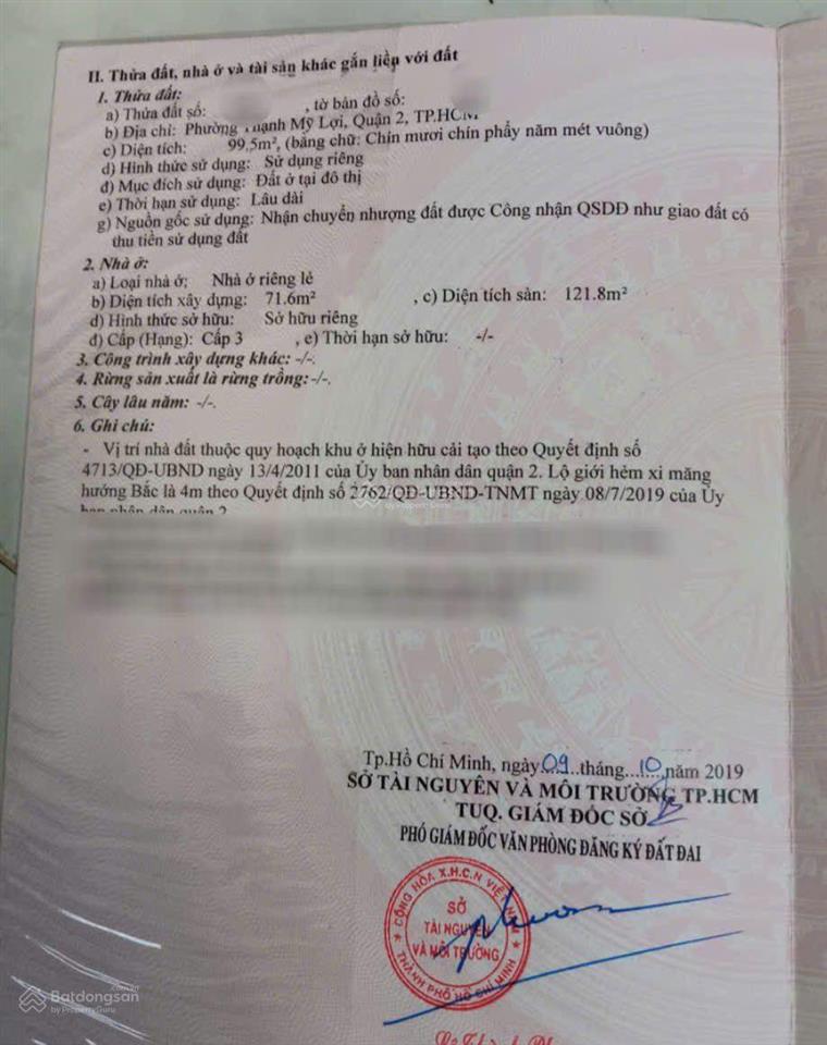 Bán nhà cấp 3 hẻm ô tô phường thạnh mỹ lợi quận 2 full thổ cư 99,5 m2. nở hậu vuông tlcc 0903 034 ***
