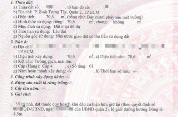 Bán nhà quận 2 nhà 1 trệt 1 lầu cách đường nguyễn duy trinh 50m  dt 70,6m ngang 4m nở hậu vuông