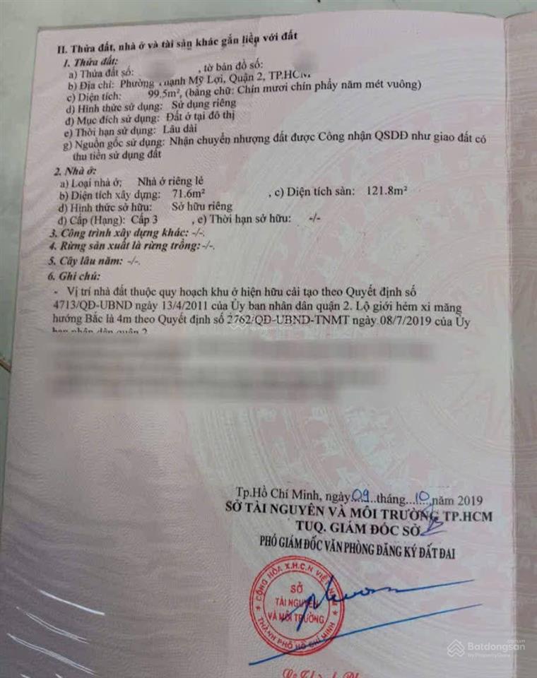 Bán nhà cấp 3 hẻm ô tô phường thạnh mỹ lợi quận 2. diện tích 99,5 m2. đất thổ cư full nở hậu
