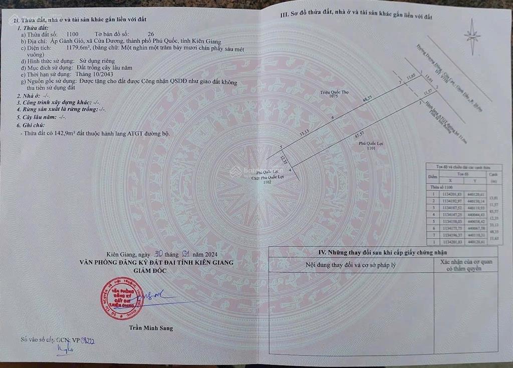 Bán 1010m2 đất 2 mt dương đông  cửa cạn, phú quốc qh chỉnh trang xây 7 tầng giá 17,5 tỷ