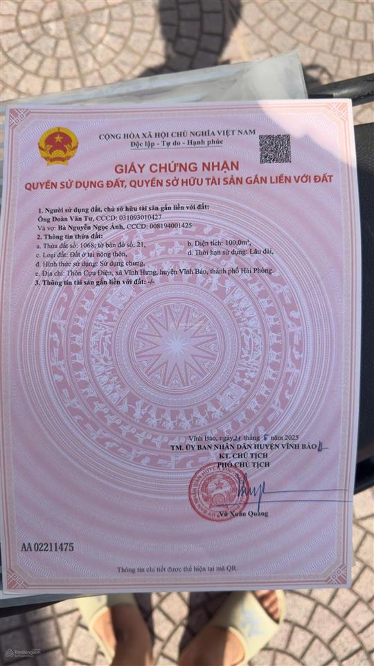 Chính chủ bán lô đất tđc nhân hoà, vĩnh bảo 100m2, 2 mặt tiền trước sau giá tốt