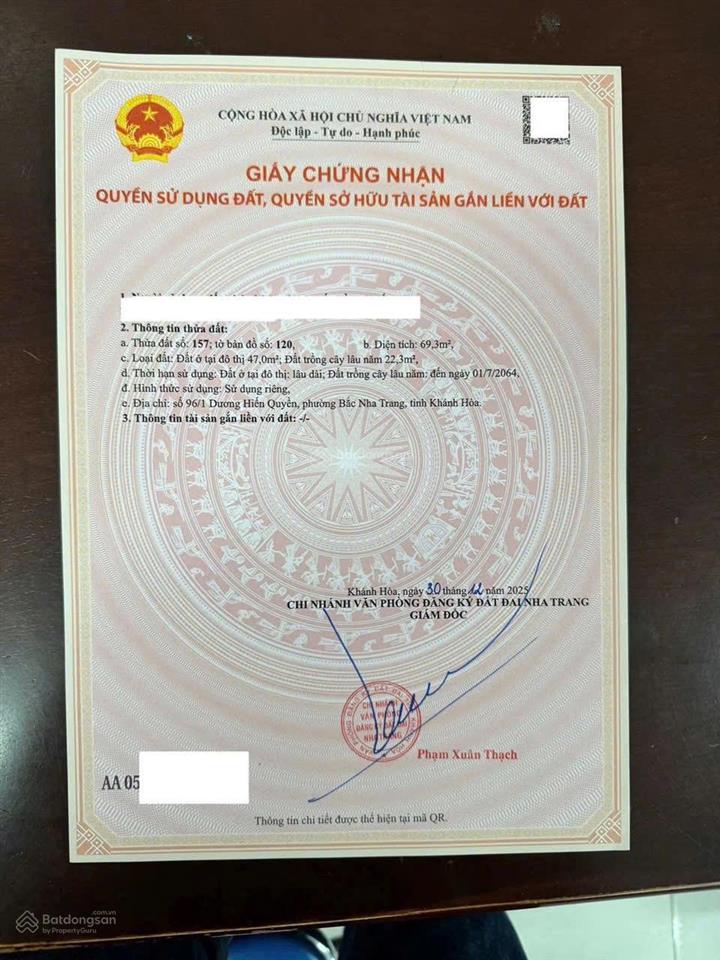 Bán đất (69.3 m2, ngang 5.08m) hẻm ô tô dương hiến quyền, nha trang. cách biển chỉ 50 m. giá 6.5 tỷ