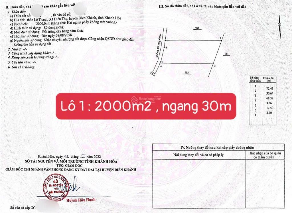 Bán đất 2000 m2, ngang 30 m, xã diên thọ, giá 1.2 tỷ (cách ql27c chỉ 400m) đất bhk