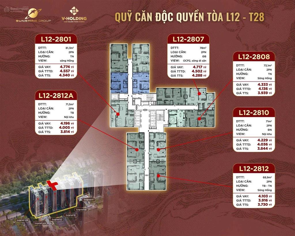 Chính chủ bán căn hộ l12.2812 sunshine legend city, 4,1 tỷ, 69 m2, 2pn, 2wc