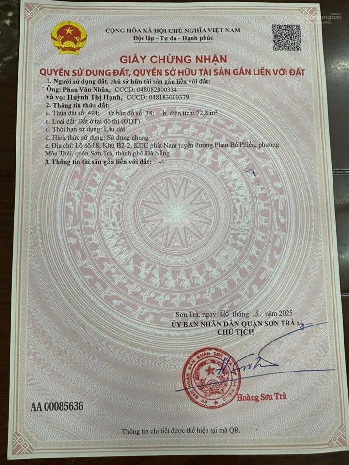 Bán lô đất nam an 1 sát biển mân thái dt 72m ngang 5m2