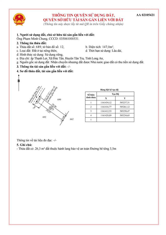 Đất đẹp 5x30  (147m2)  đức tân, huyện tân trụ, long an