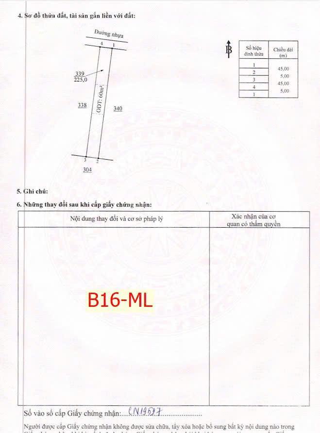 Mặt tiền nhựa thông 225m2 (5*45m) tc 60m2, 189 triệu, sổ sẵn. chơn thành, kcn becamex