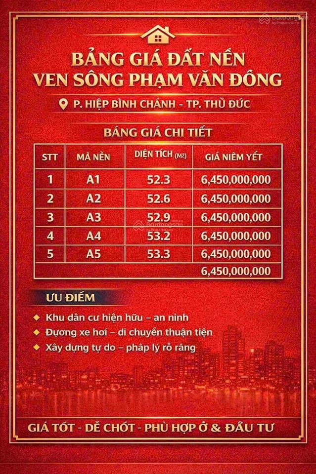 Đất gần sông sài gòn ngay trục đường phạm văn đồng, hiệp bình chánh  xd được 4 tầng  giá 6.45t