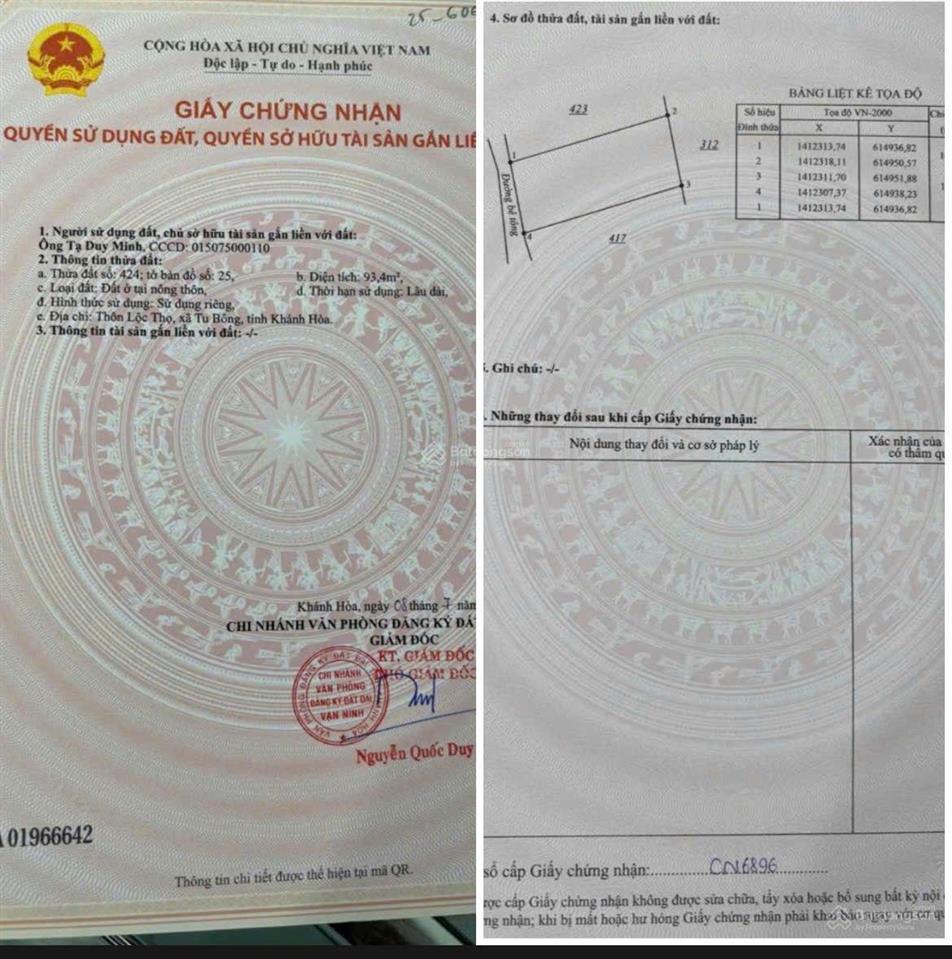 Bán lô vạn ninh  gần chợ tu bông 93m2 full thổ  1 tỷ 541