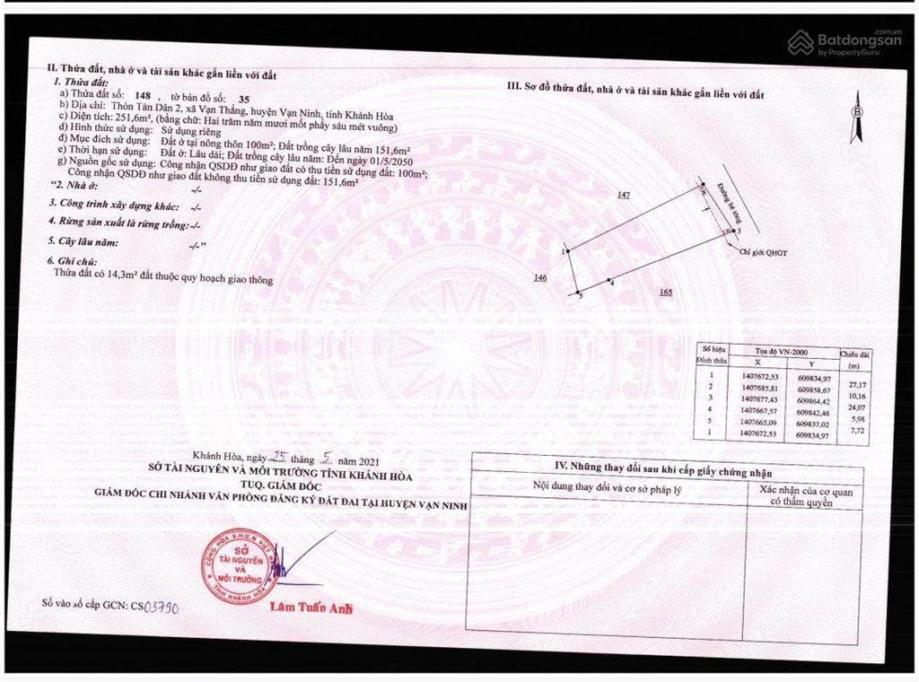 Bán đất vạn thắng 251m2 vạn ninh | giá chỉ 15,5 triệu/m2