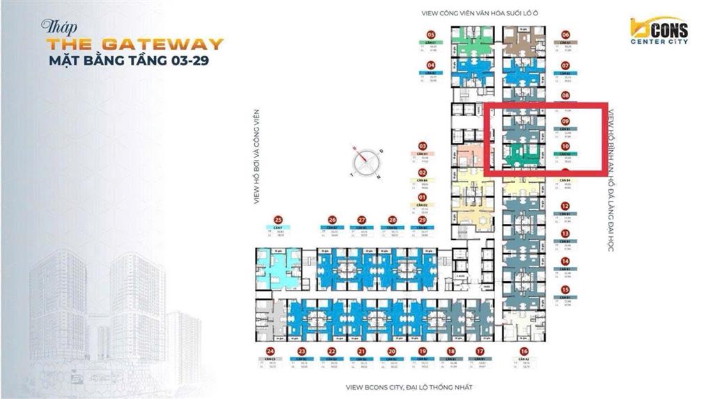 Bán suất nội bộ bcons center city c.1109 giá 2.994 tỷ (đã vat) 2pn+2wc, tháp gateway hướng đn