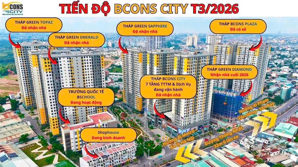 Suất nội bộ bcons city 2.6 tỷ/căn 2pn + 2wc, chiết khấu 6.1%, tặng 1.5 chỉ vàng