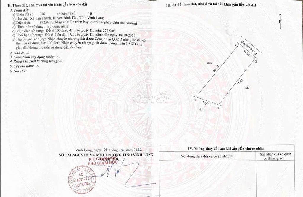 BÁN NỀN LỚN ĐẸP MẶT TIỀN ĐƯỜNG LỘ BÊ TÔNG GẦN CHỢ TÂN THÀNH XÃ TÂN LƯỢ