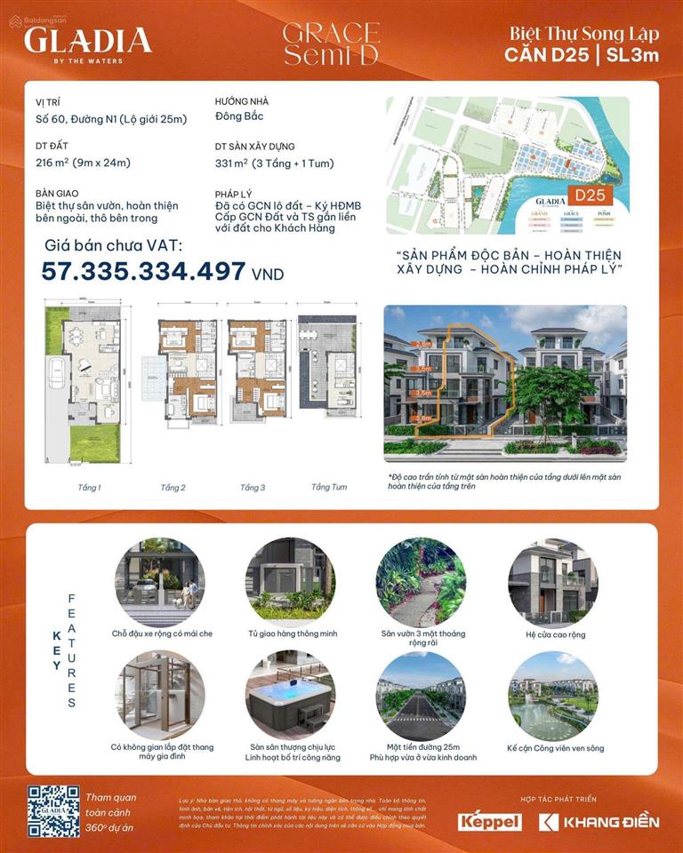 Bán biệt thự song lập gladia by the waters diện tích 216 m2 , 1 trệt 2 lầu 1 tum giá 57 tỷ