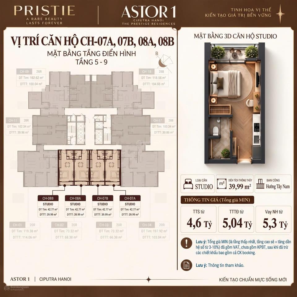 Tầng 5, 1pn 40m2, 4,59 tỷ, căn studio hiếm có còn lại của astor 1