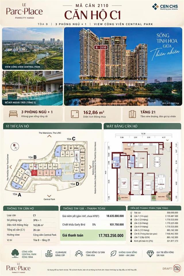 Căn c1 view trực diện hồ  công viên trung tâm hoa hậu của kdt park city, giá chỉ 108 triệu/m2