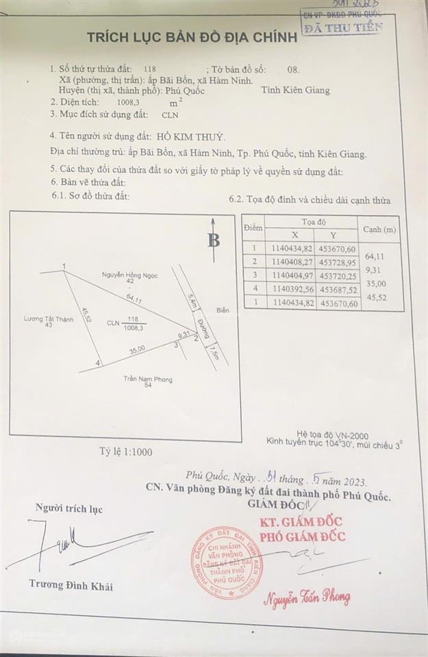 Bán 1000m2 đất biển quy hoạch đất ở, sổ hiển thị đường  giá 6 tỷ. có thể tách 500m2 bán riêng.