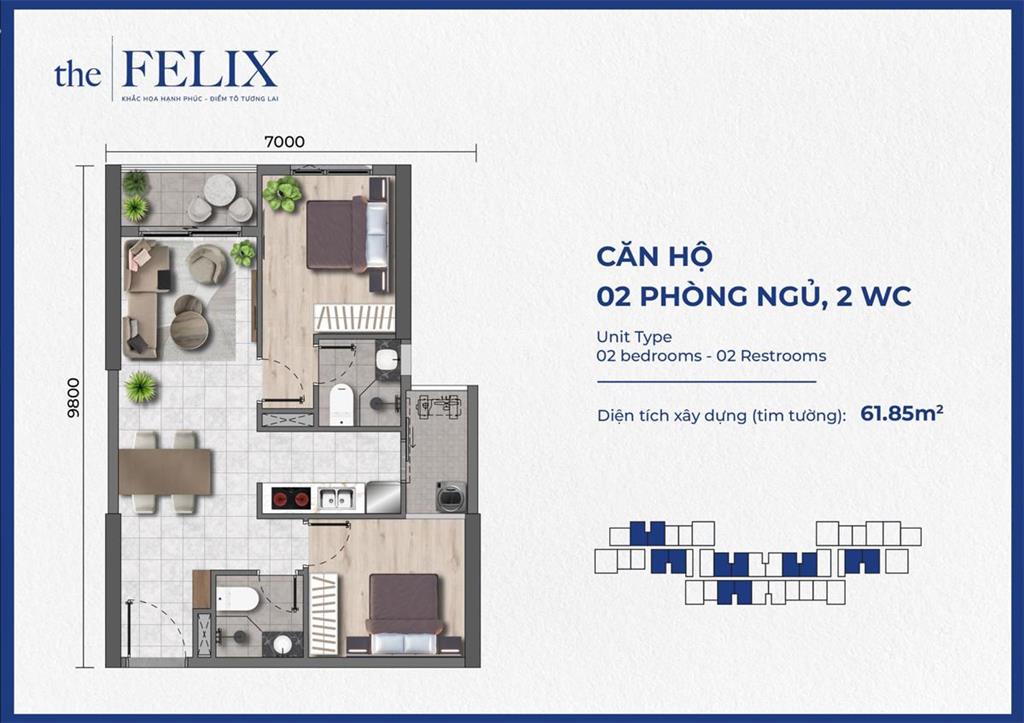 Chính chủ cắt lỗ 200 triệu bán nhanh căn 2pn2wc 62m dự án the felix, phường bình hòa, tp.hcm